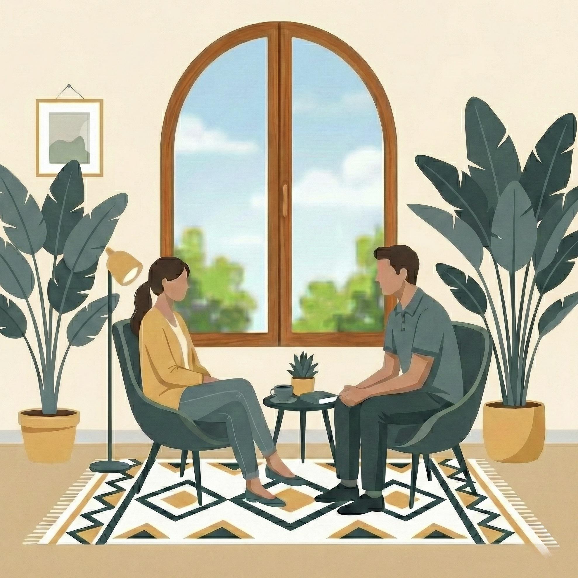 Person in a comfortable home setting connecting via video therapy session