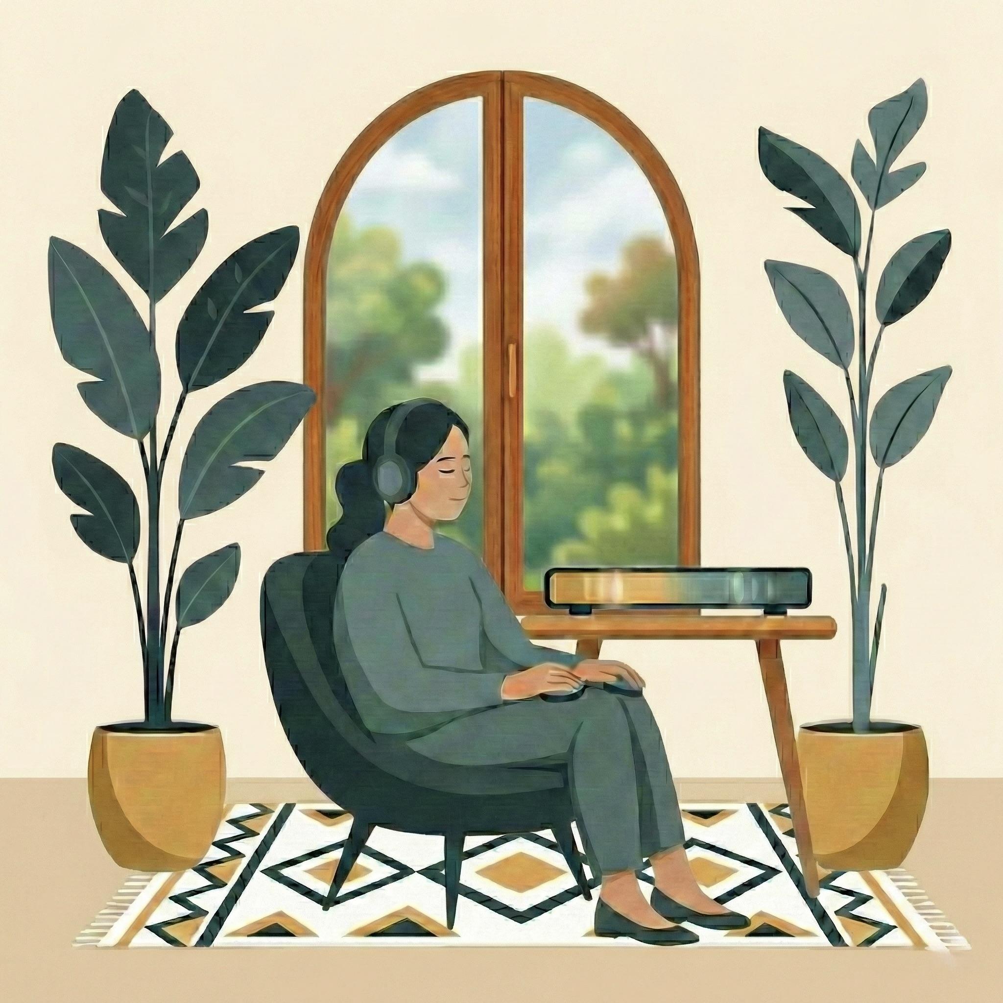 Person with headphones in a peaceful setting representing Safe and Sound Protocol therapy